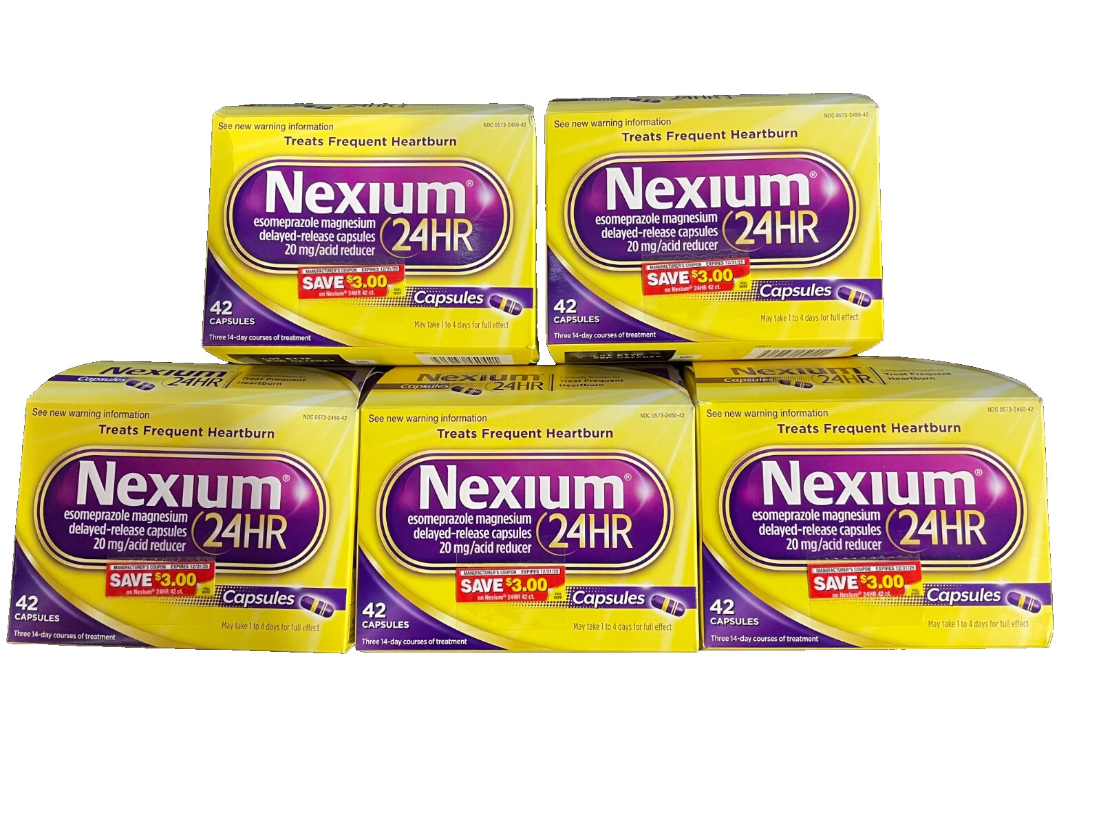 Nexium 24HR Acid Reducer Capsules for Heartburn Relief 5 Boxes 42 Count per box