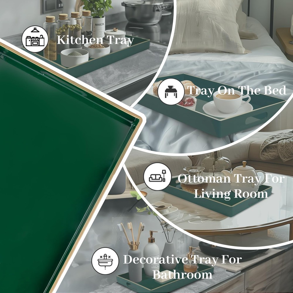 Dark Green Decorative Tray, Serving Tray with Handles, Plastic Trays for Coff...