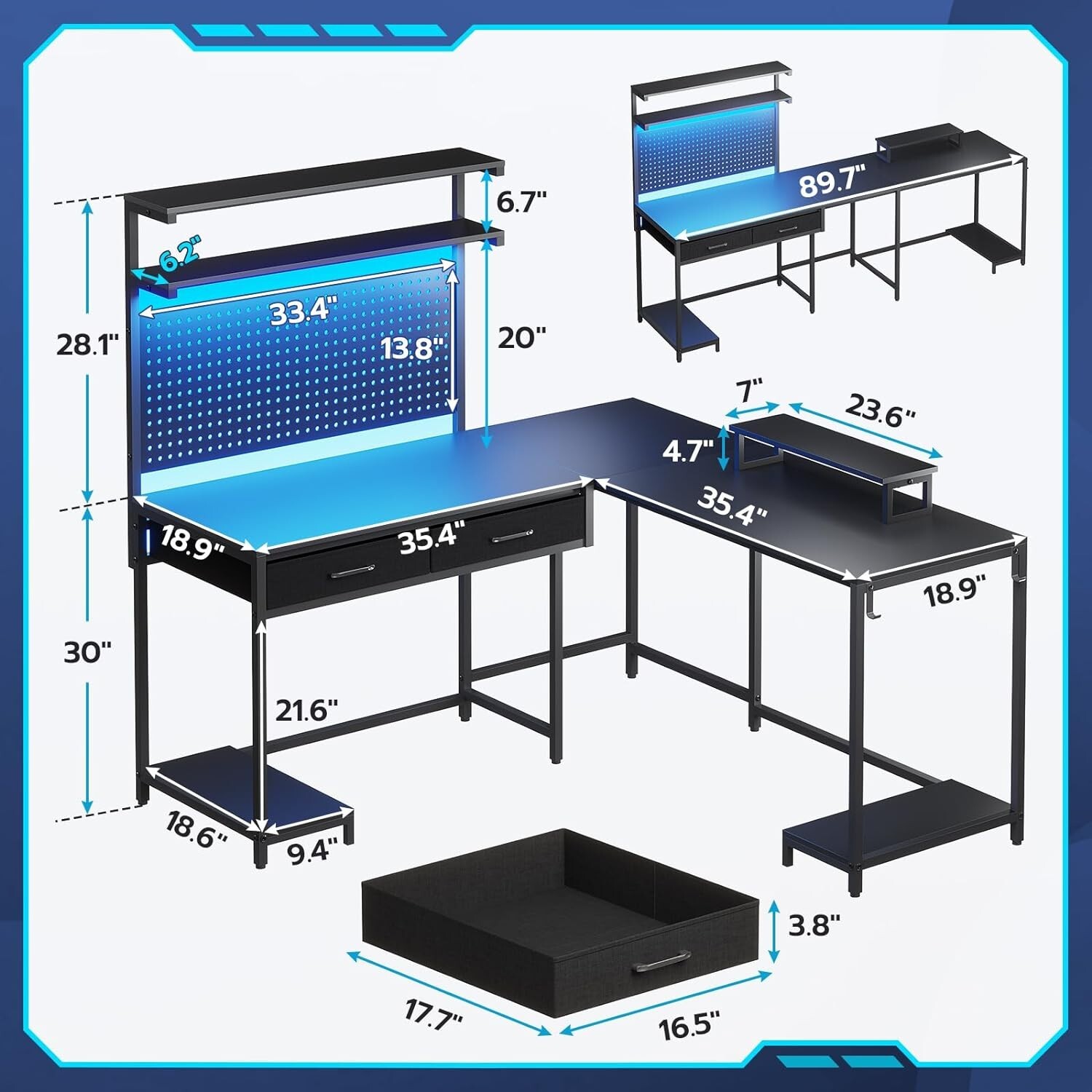 L Shaped Gaming Desk with LED Lights and Hutch, Computer Desk with Monitor Stand
