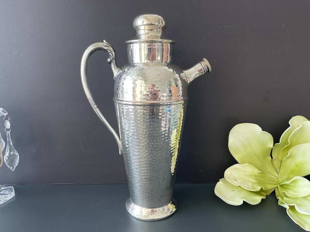 Vintage 12" Victorian Silver Plate on Hammered Copper Cocktail Shaker