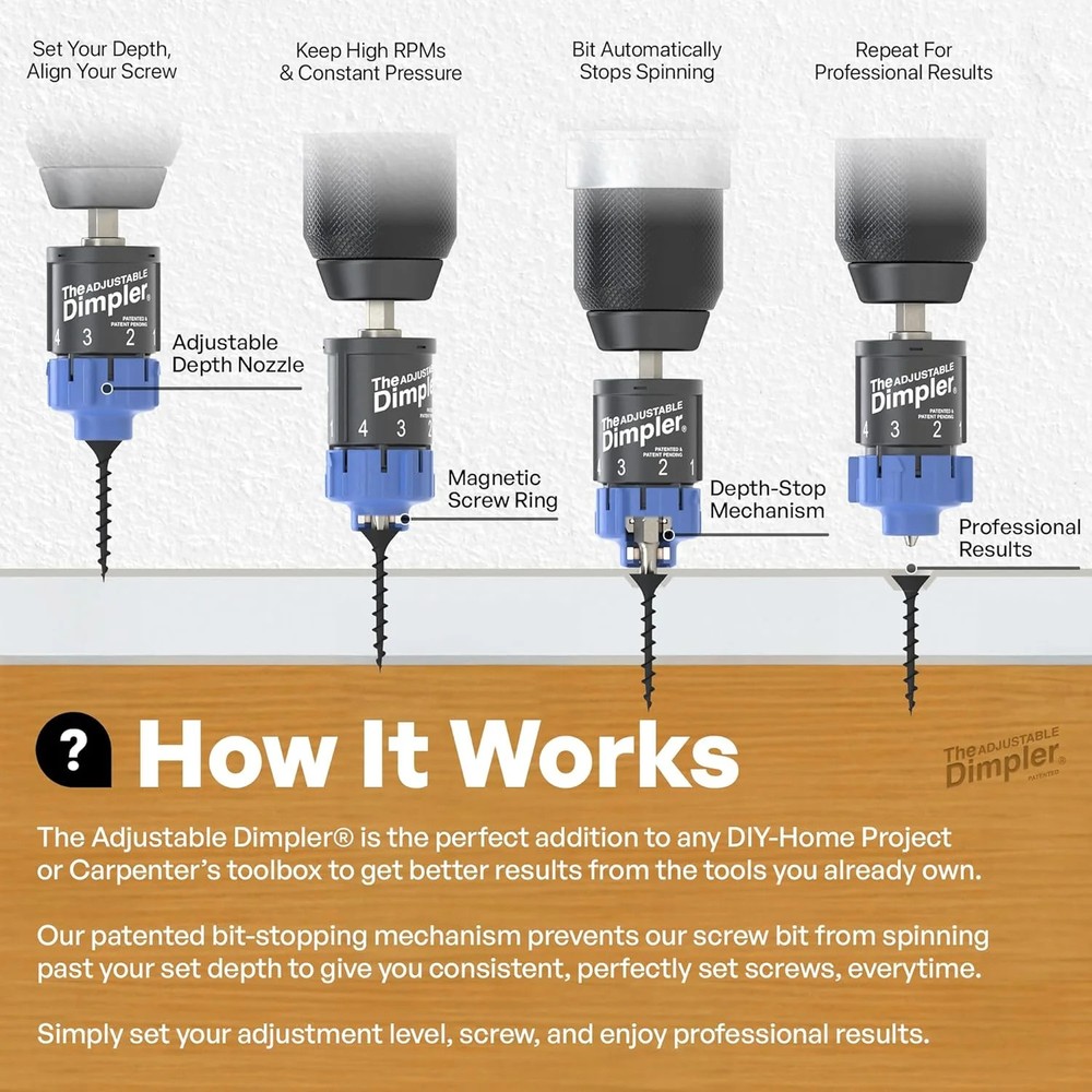 Adjustable DIMPLER ® - Drywall Bit & Screw Gun Attachment, Converts Drill into D