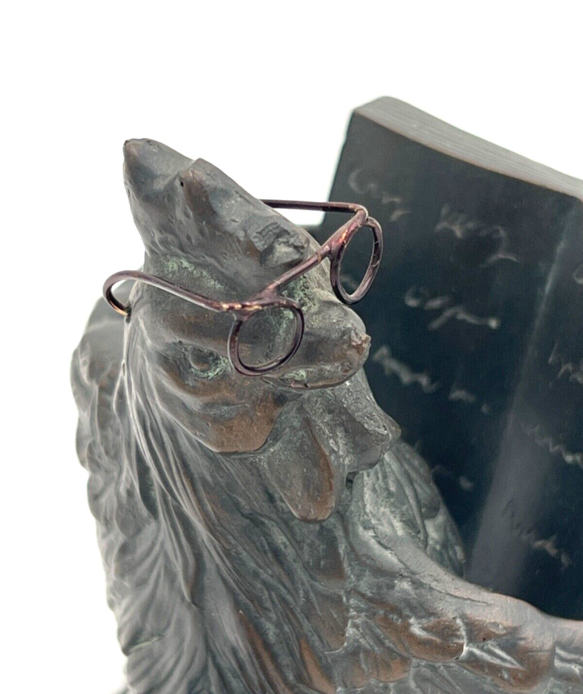 Cast Bronze Chicken Figurine Reading A Book