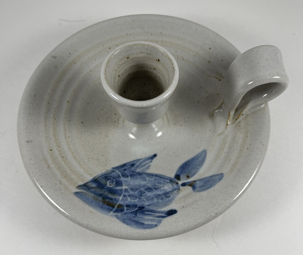 Pottery Chamberstick Candle Holder Signed.  As Is.