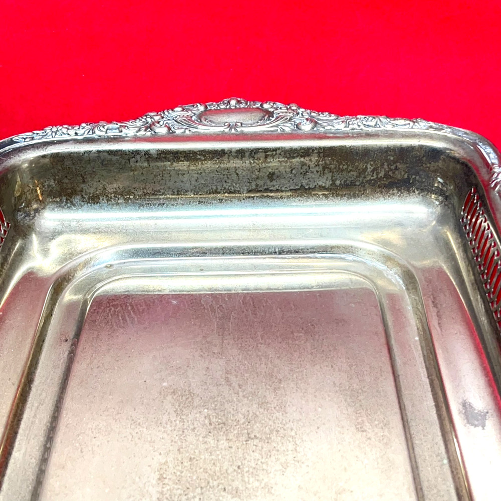 VTG 19" Tarnished Silver Plated Rectangular Butler Serving Tray Pierced Gallery