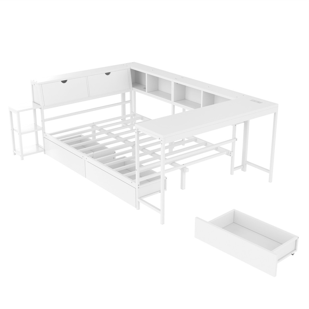 Corner Bed Frame Full Size with Bookcase and 2 Underbed Storage Drawers, Moder