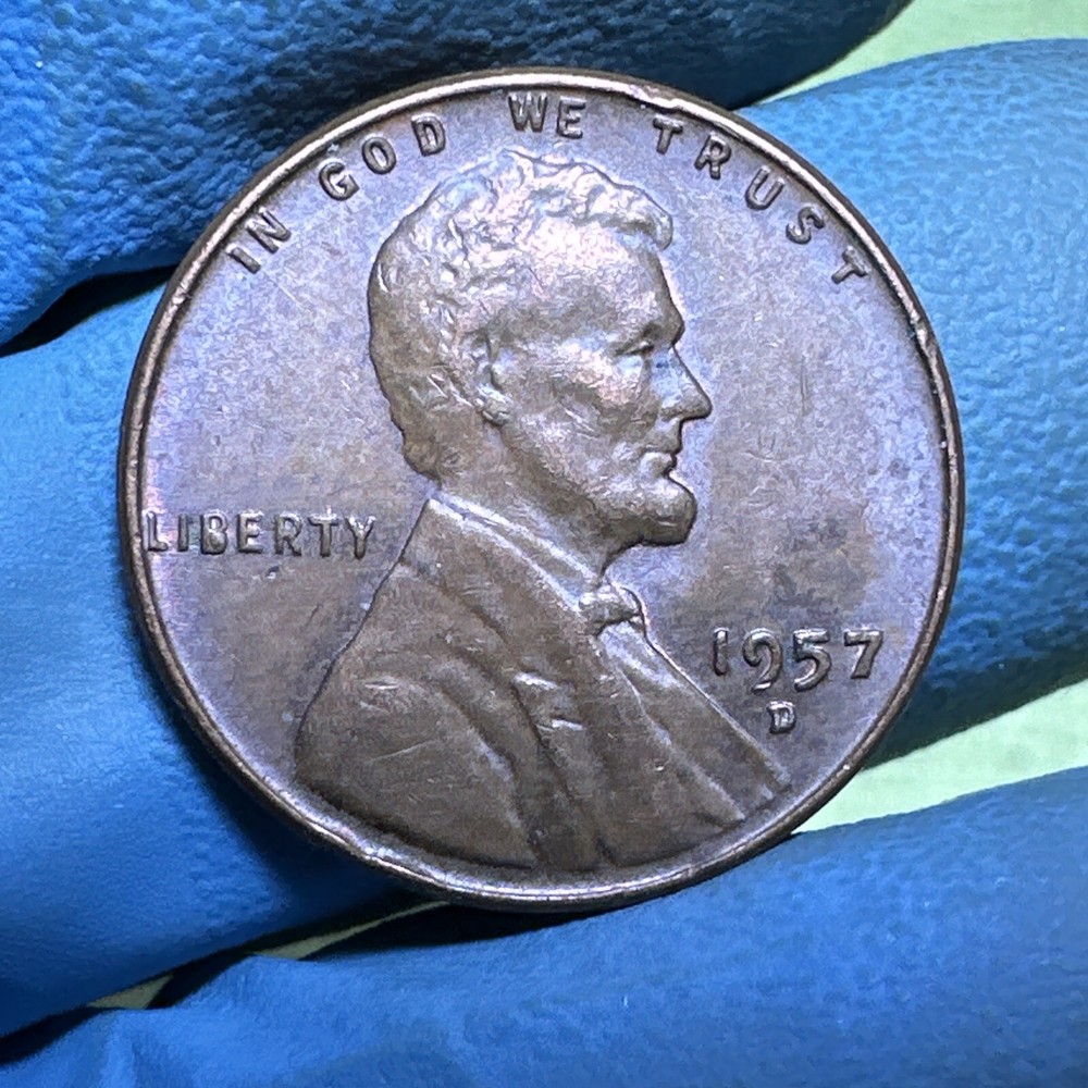 1957 D ERROR  Wheat Penny / Die Chip Error Filled B