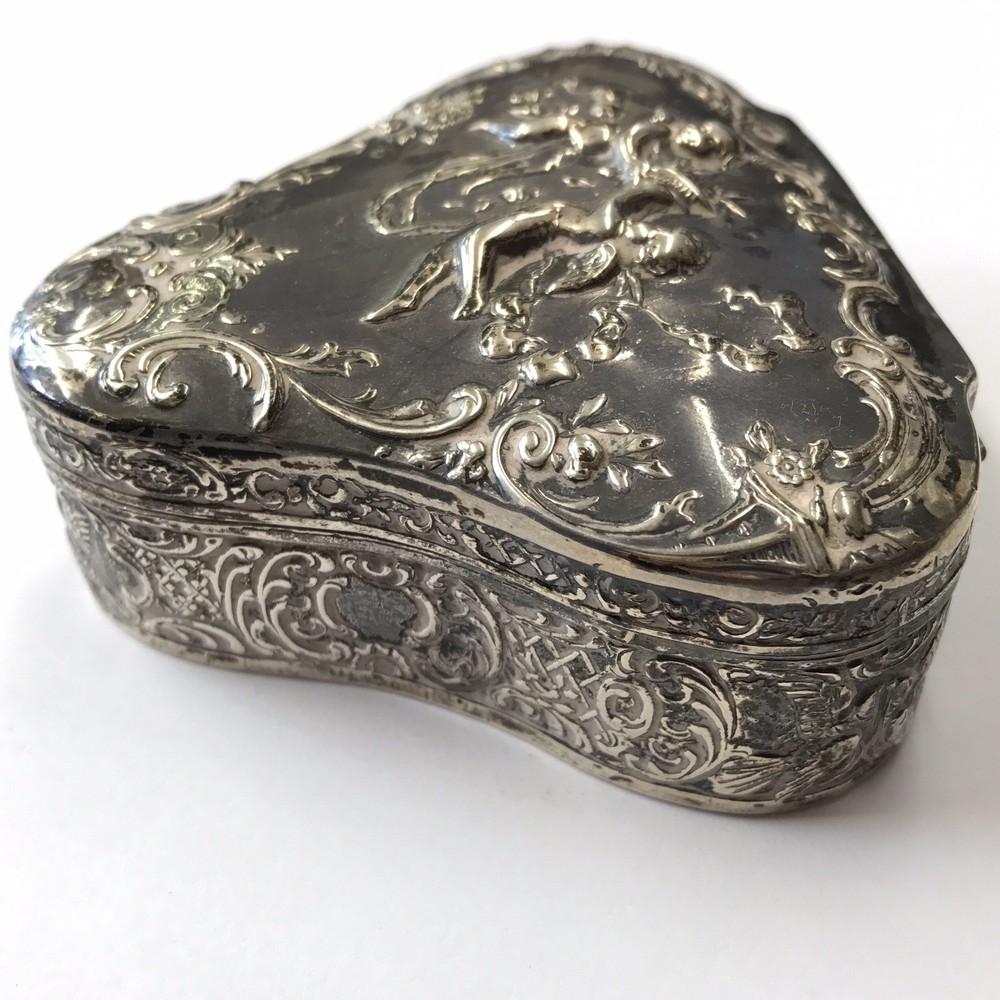 Antique Solid Silver Trinket Box Embossed Cherub Design Berthold Muller 1902
