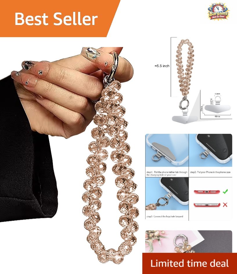 Elegant Gold Beaded Phone Wrist Strap with Security Tether - Perfect Accessory
