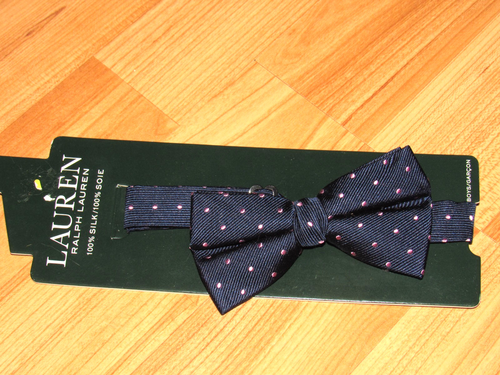 NWT New RALPH LAUREN Boy's 100% Silk Bow Tie Blue With Pink Dots Clasp On