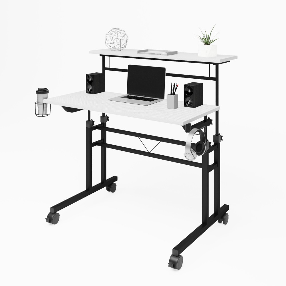 Adjustable Rolling Computer Desk - Mobile Workstation w/ Storage Shelf,White