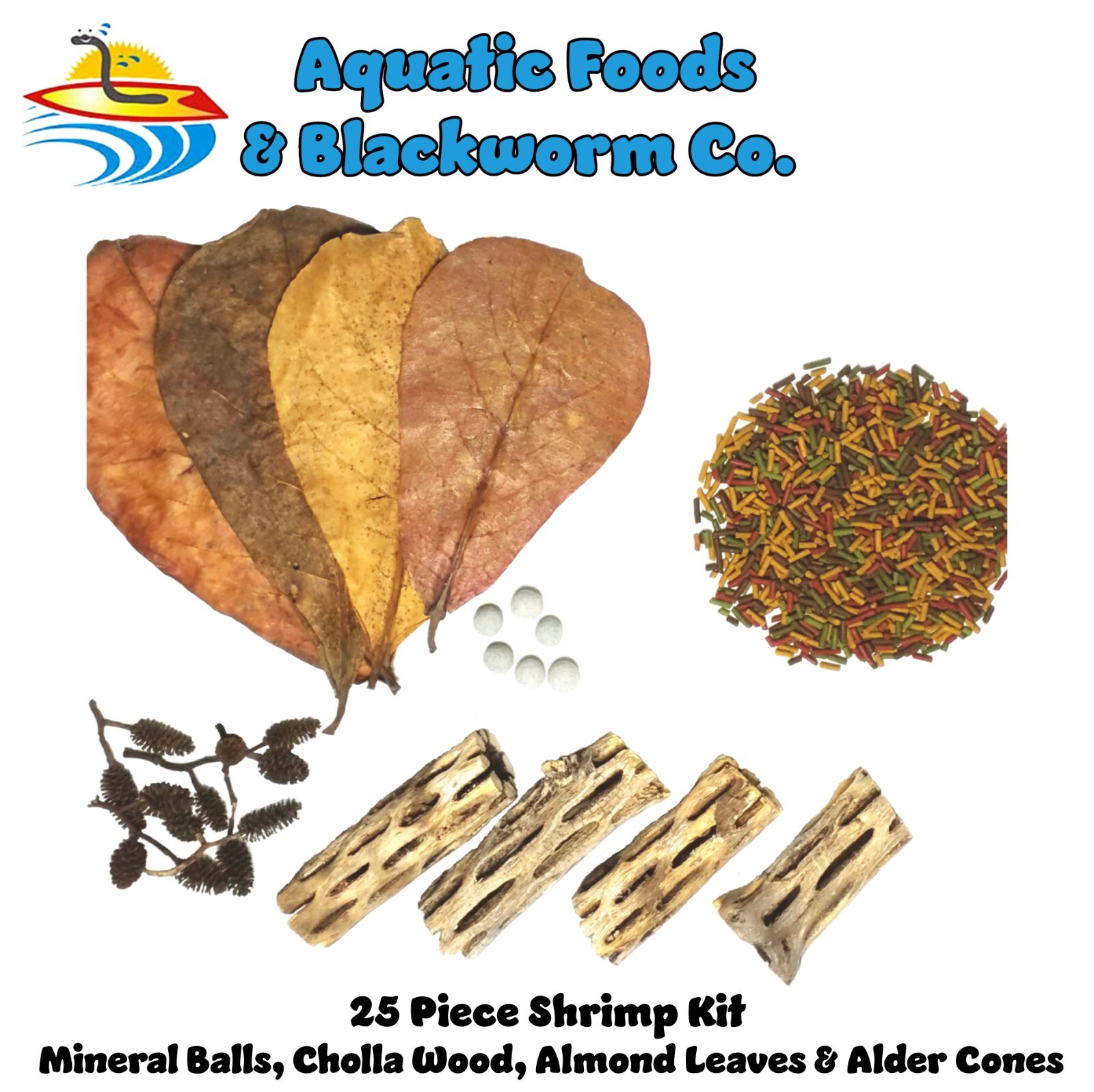 25-piece Shrimp Kit, Mineral Balls, Cholla Wood, Almond Leaves, Casuarina Cones