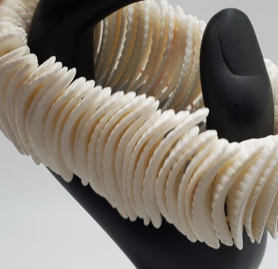 Beautiful Stretch Bracelet 6"-8" White Leaf Shape Ribbed Shells  1 1/2"