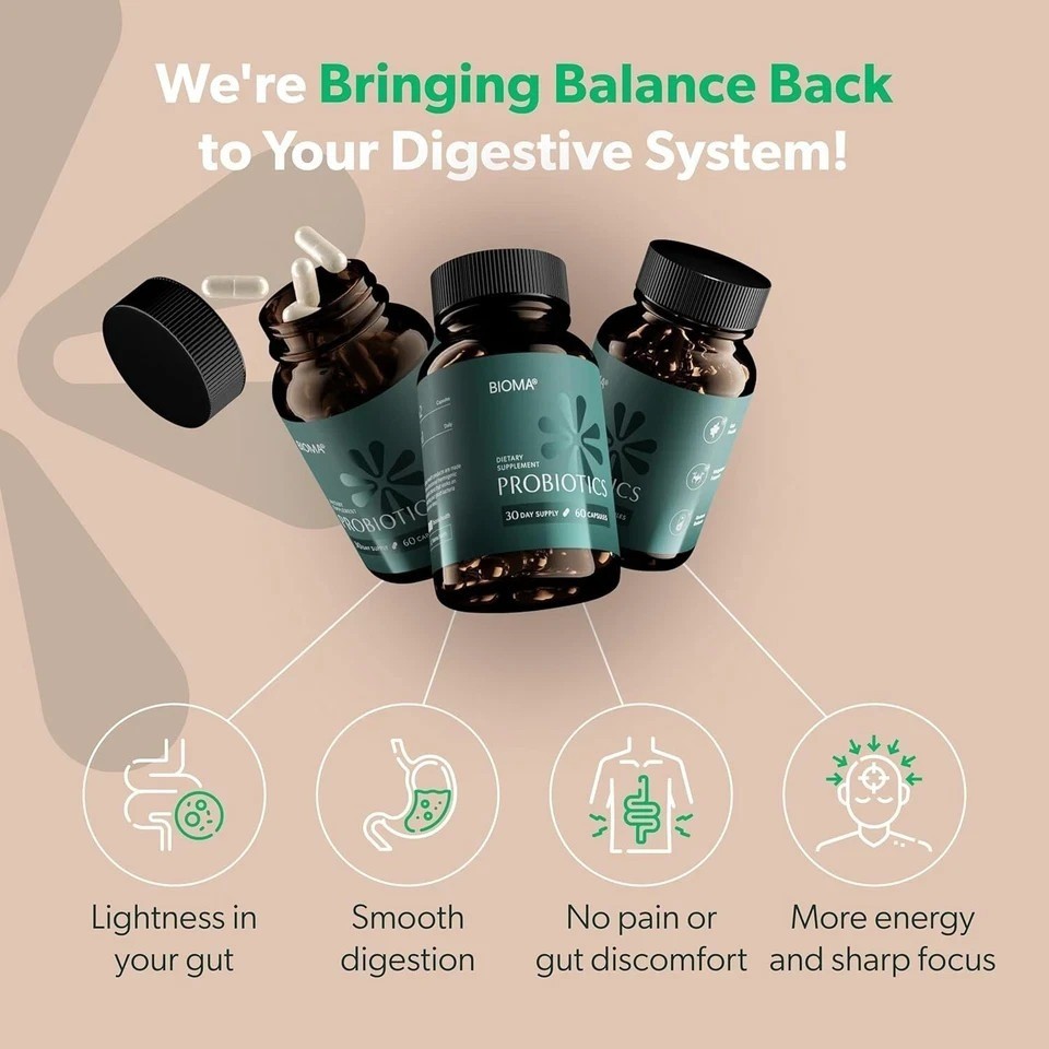 3 Pack BIOMA Probiotics Digestive Health Gut Support for Men & Women 60 Capsules