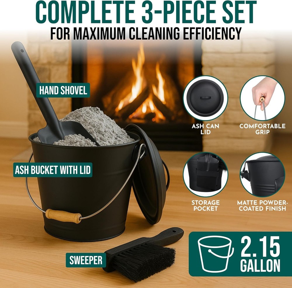 Galvanized Iron Ash Bucket with Lid Complete Fireplace Tools Set Includes Pail
