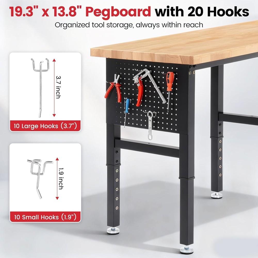 72 x 24 Inch Adjustable Height Work Table with Power Outlets & Extended Pegboard