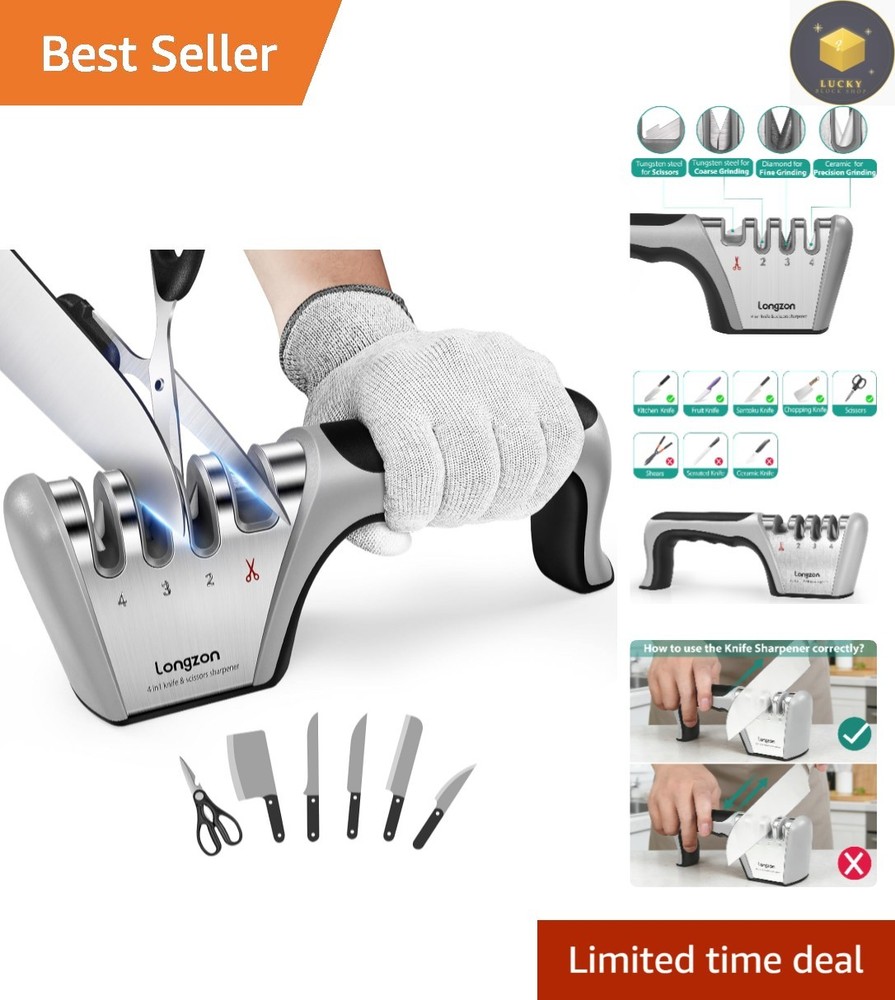 Versatile 4-Stage Knife Sharpener Set with Cut-Resistant Glove for All Blades