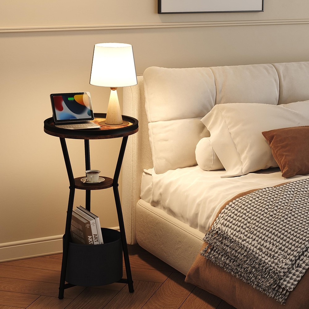 Round Side Table Small Drink 3Tier Industrial End Nightstand Rustic Brown