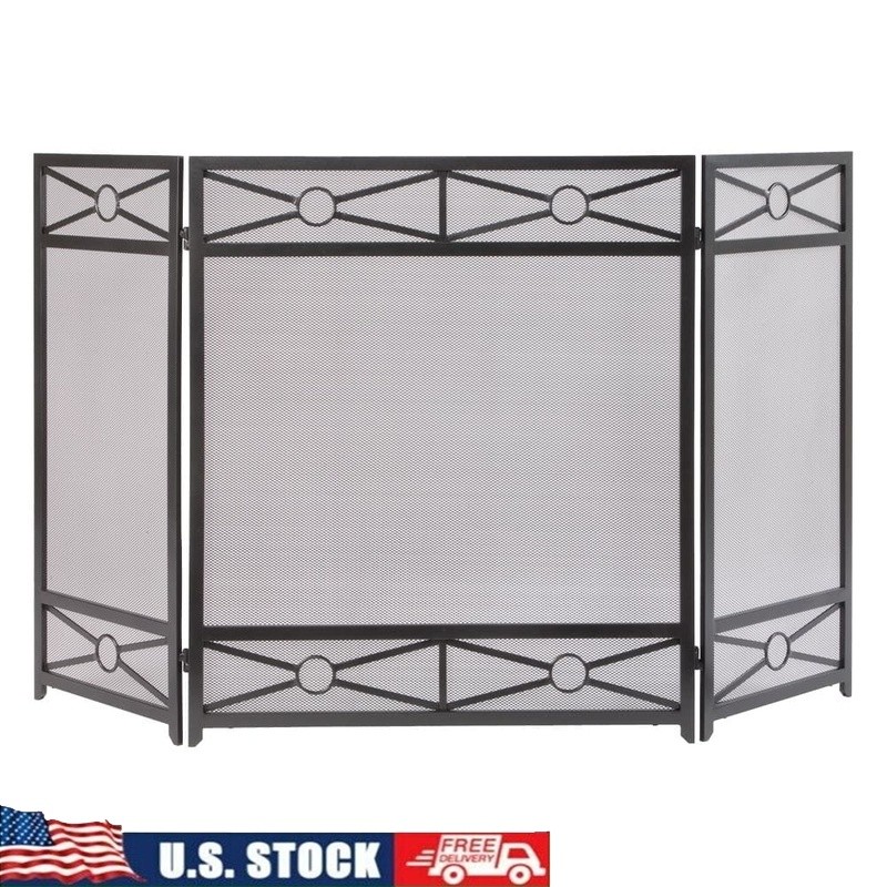 Tri-Panel Fireplace Screen Vintage Iron Foldable Spark Guard Heavy Mesh Durable