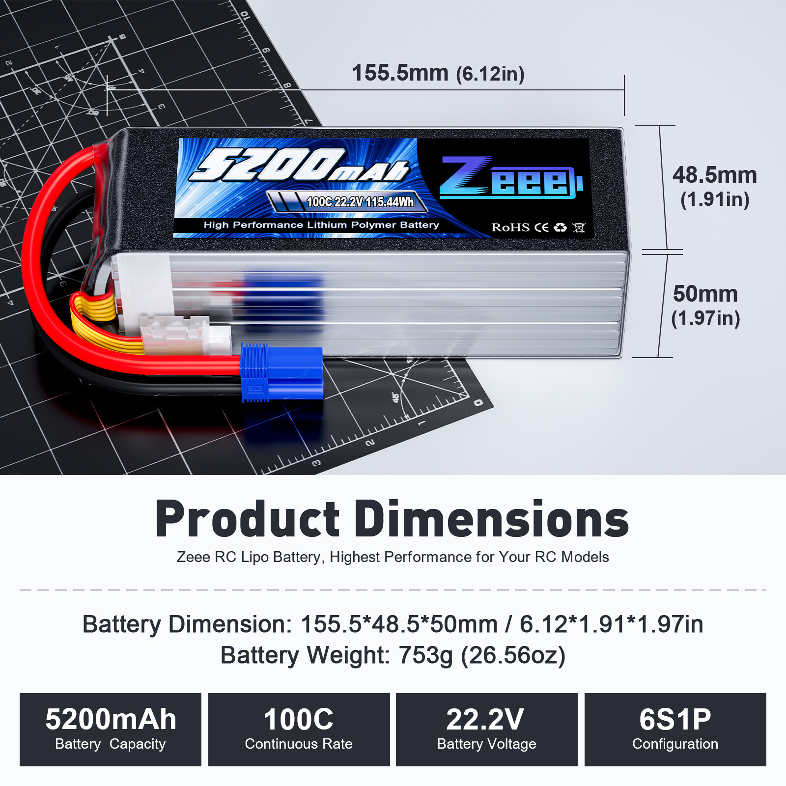 Zeee 22.2V 100C 5200mAh 6S Lipo Battery EC5 for RC Car Airplane Heli Drone Jets