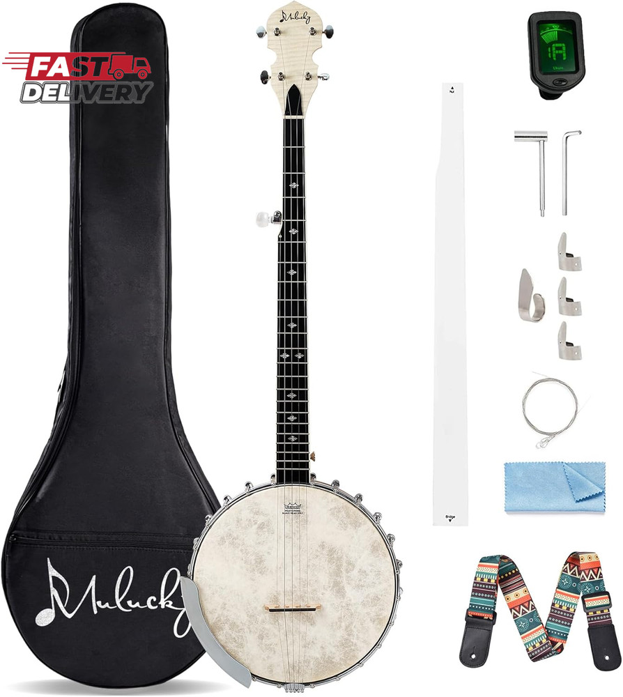 Mulucky 5 String Banjo - Full Size with 24 Brackets, Open Back, Maple Banjo with