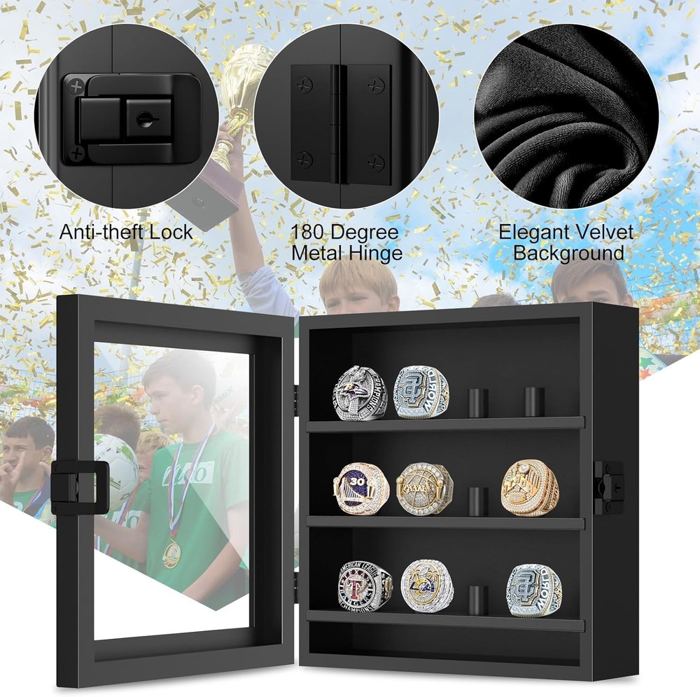 Championship Ring Display Case, 12 Ring Posts Baseball Ring Holder, Wall Moun...