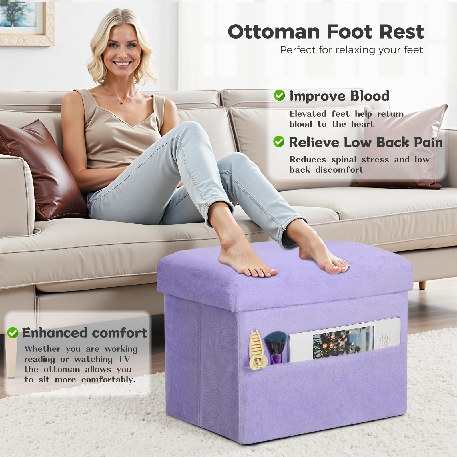 Small Ottoman with Storage, Folding Soft Fur Storage Foot Rest Stool with Thi...
