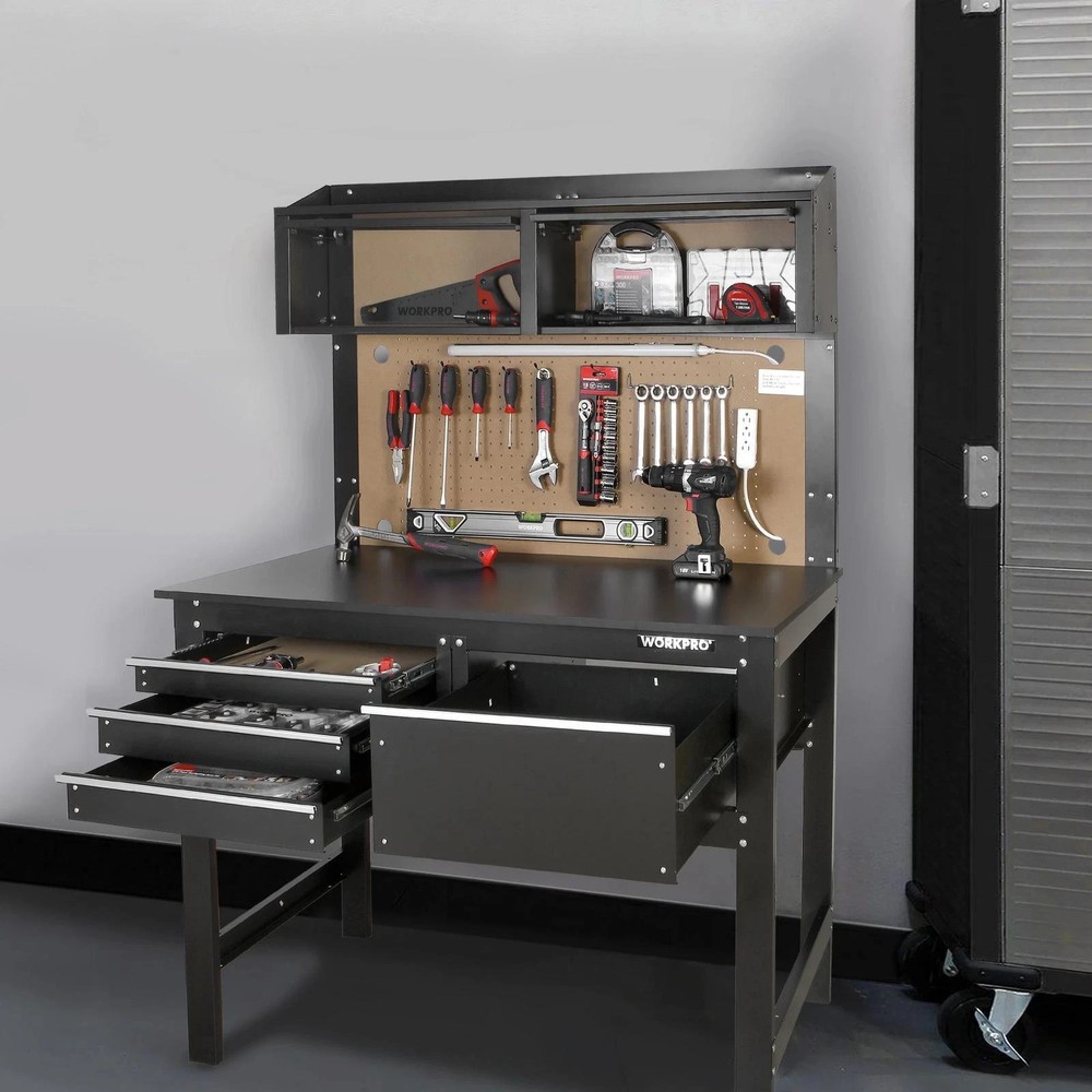 WORKPRO 2-In-1 Steel Garage Combo Workbench Workshop Tool Storage Cabinet Light