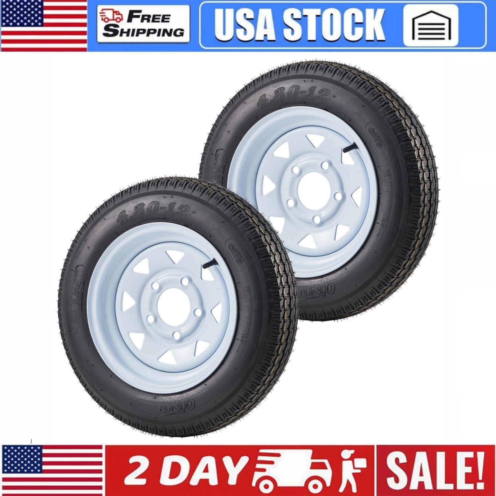 2-Pack 4.80x12 Trailer Tires & Wheels 5-Lug on 4.5" Bolt Pattern 12" Rim 4.80-12