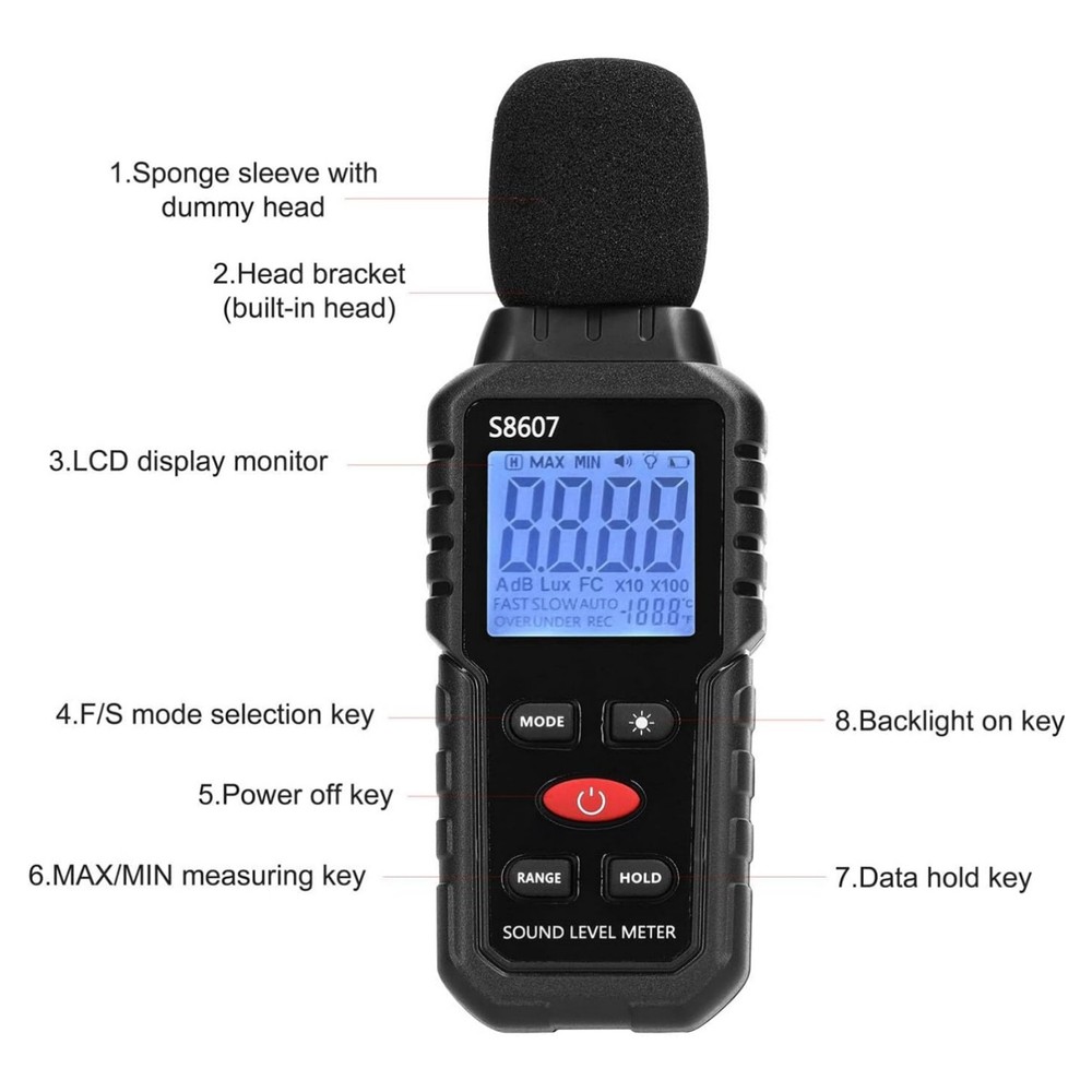 30-130dB Digital Noise Meter Decibel Reader with Over Under Range Indication