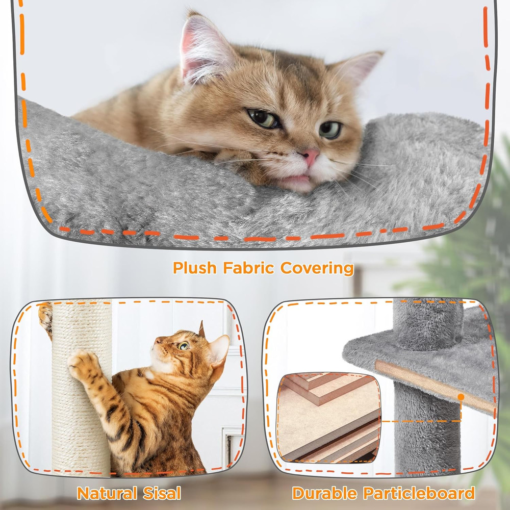 80" Tall Cat Tree with Scratching Posts, Caves, and Platforms - Light Gray