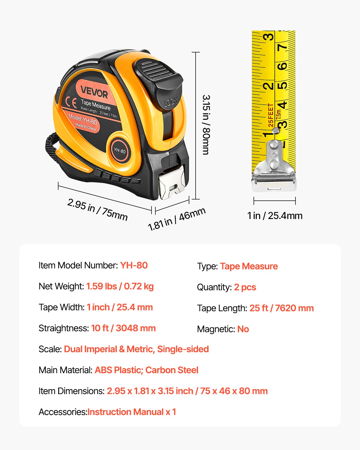 VEVOR 2 Packs Tape Measure 25ft Retractable Imperial Metric for Outdoor