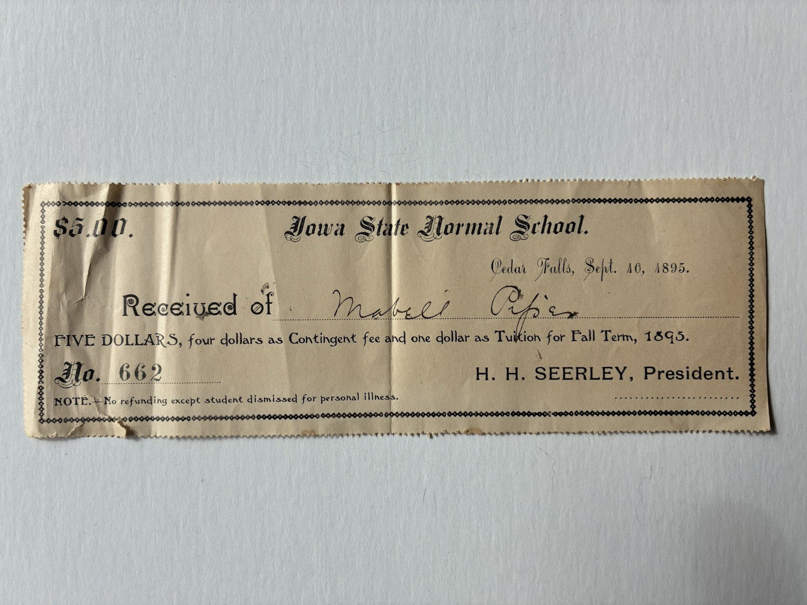 1895 Iowa State Normal School Cedar Falls Tuition Payment Receipt