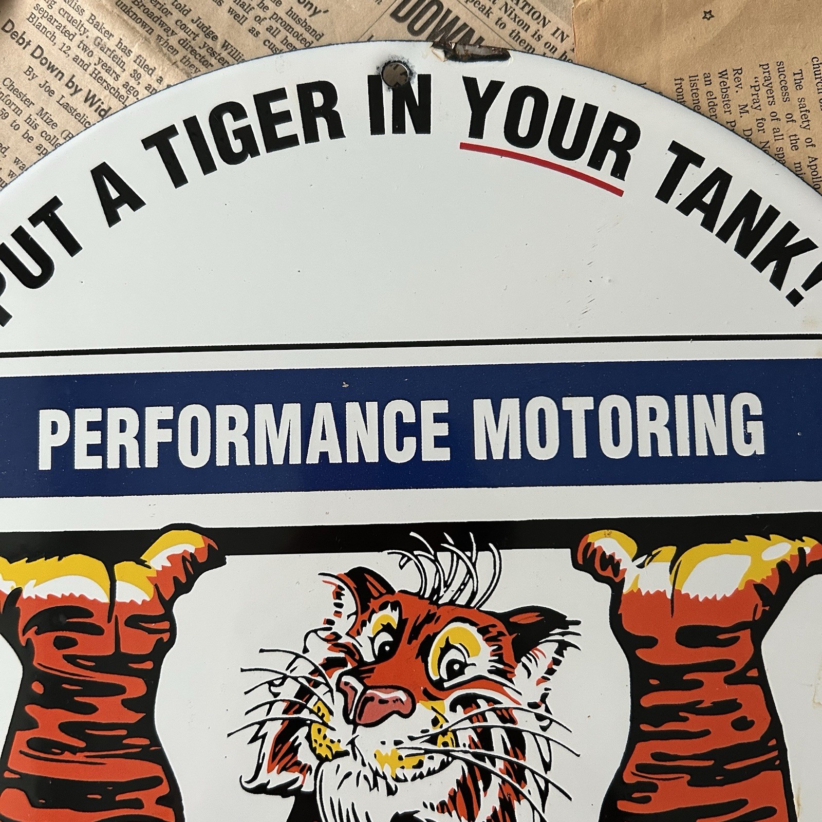 VINTAGE 1962 ESSO TIGER PERFORMANCE MOTORING 12 INCH PORCELAIN ENAMEL SIGN