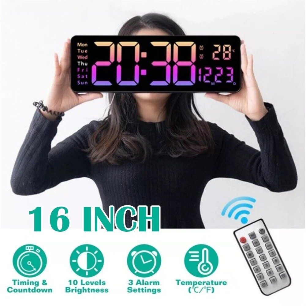 16" BIG DIGITAL LED CLOCK WALL MOUNT LARGE NUMBERS TIMER DATE TEMPERATURE US