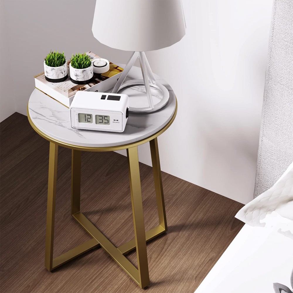 Round End Tables, Small Side Table White Marble Texture MDF ,Metal Frame Gold Co