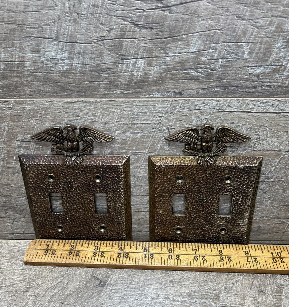 (2) Vintage 1970s Hammered Metal Eagle Double Light Switch Plate Covers Set