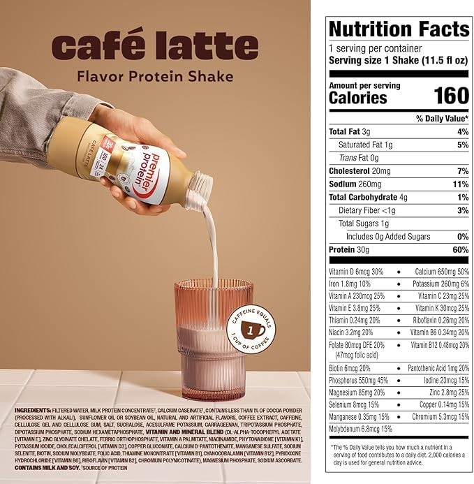 BOOST Premier Protein Shake,Café Latte, Caffeinated, 30g Protein, No Added Sugar