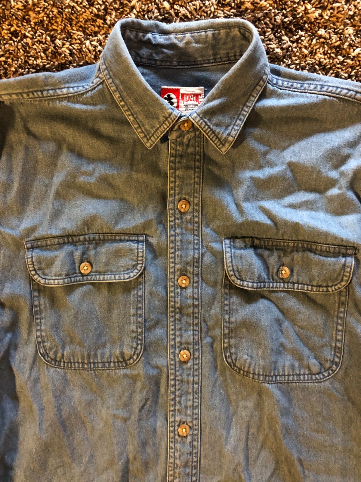 Vintage Disney Mickey Inc Button Blue Denim Shirt Embroidered Sports Size Small