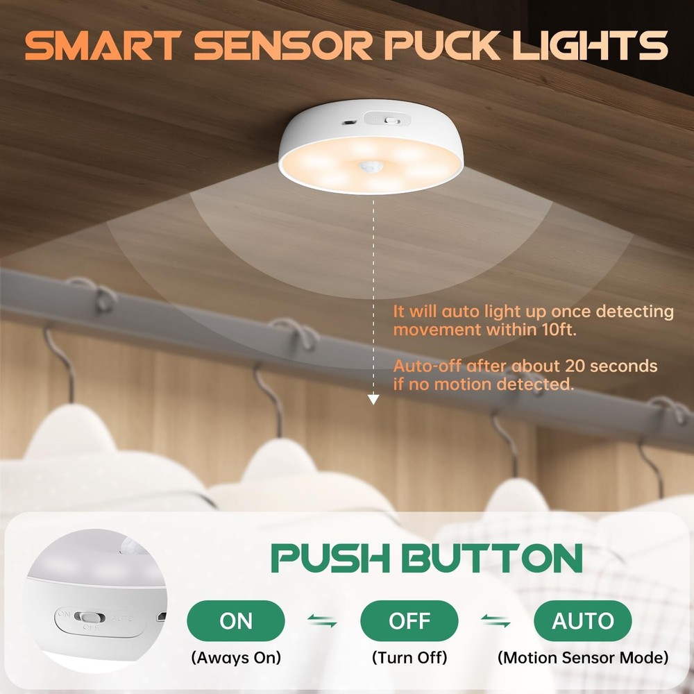 Warm Color LED Closet Lights Wireless Motion Sensor Puck Light, USB Rechargea...