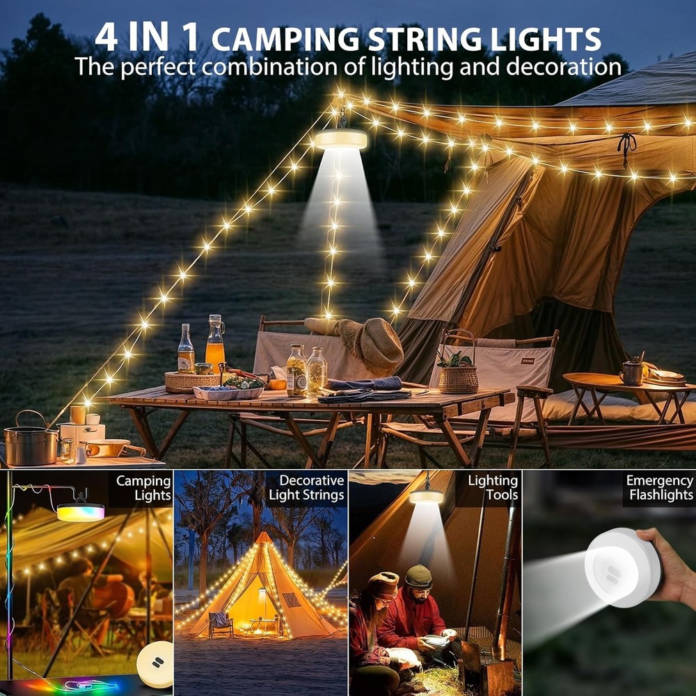 Camping String Lights 32.8FT Rechargeable 9 Modes Waterproof LED Tent Light