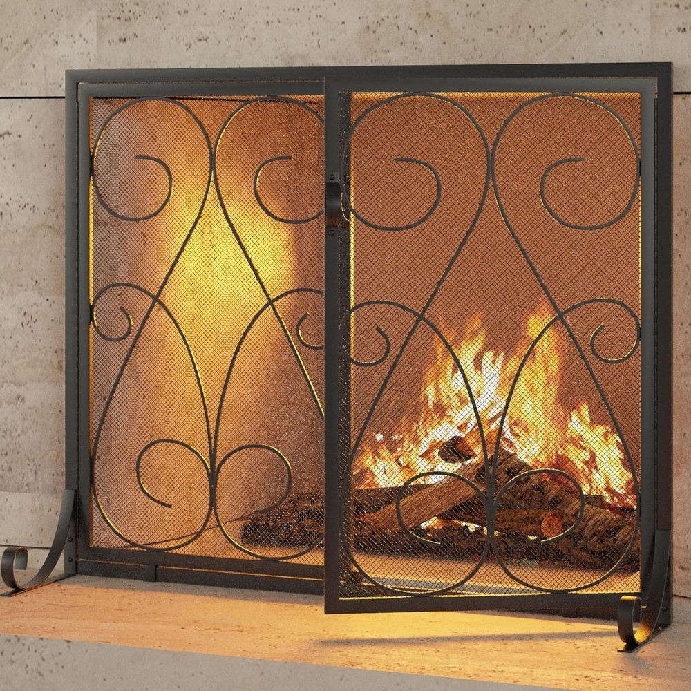 2 Panel Fireplace Screen with Doors Handcrafted Wrought Iron Decorative Mesh