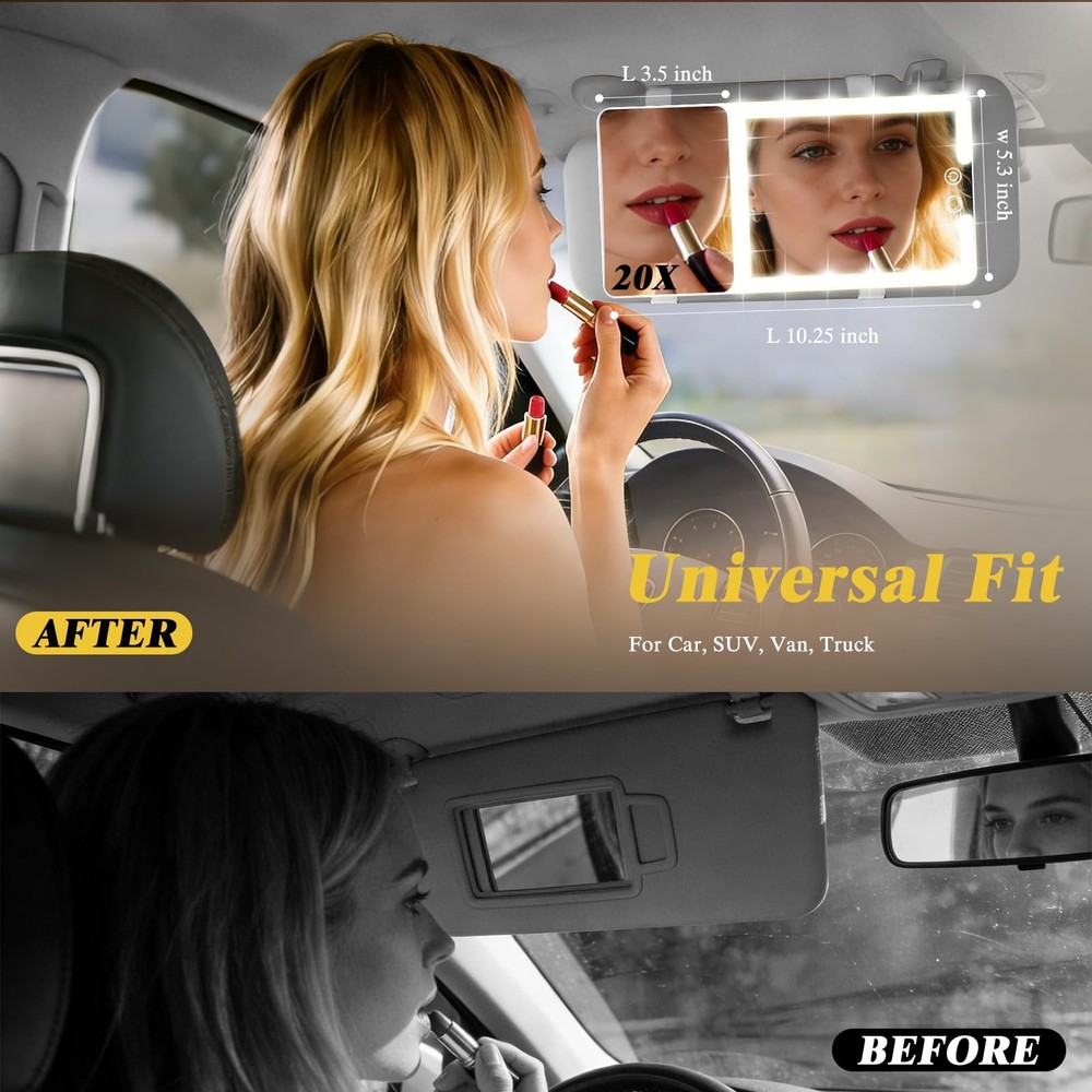 LED Car Visor Mirror with 20X Magnification, Rechargeable & Adjustable