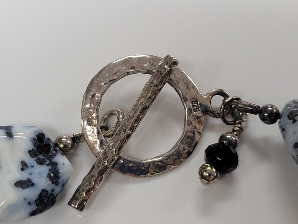 Sterling Silver Black And White Agate Beaded Toggle Clasp Bracelet ~ 8" ~ 5-E535