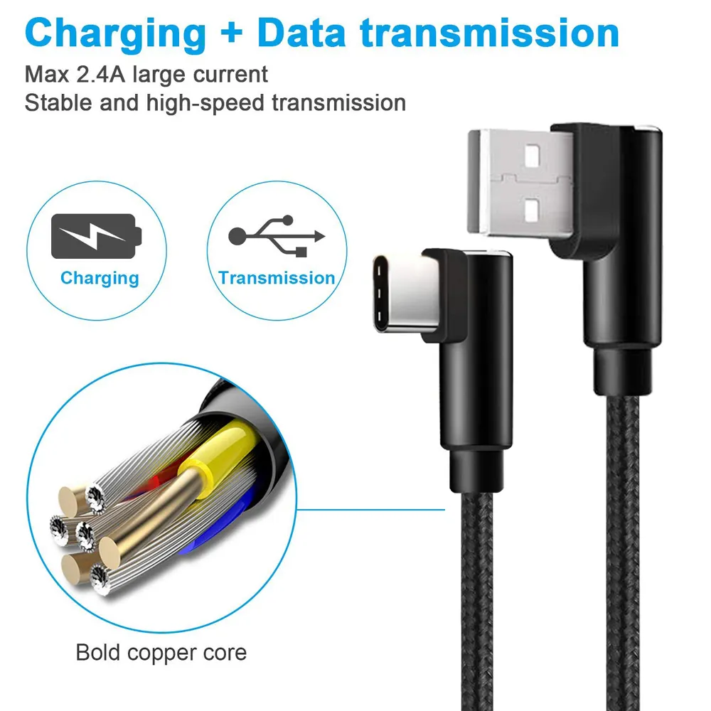USB Type C Cable 90 Degree Right Angle Design USB-A to USB-C Charger Data Cord