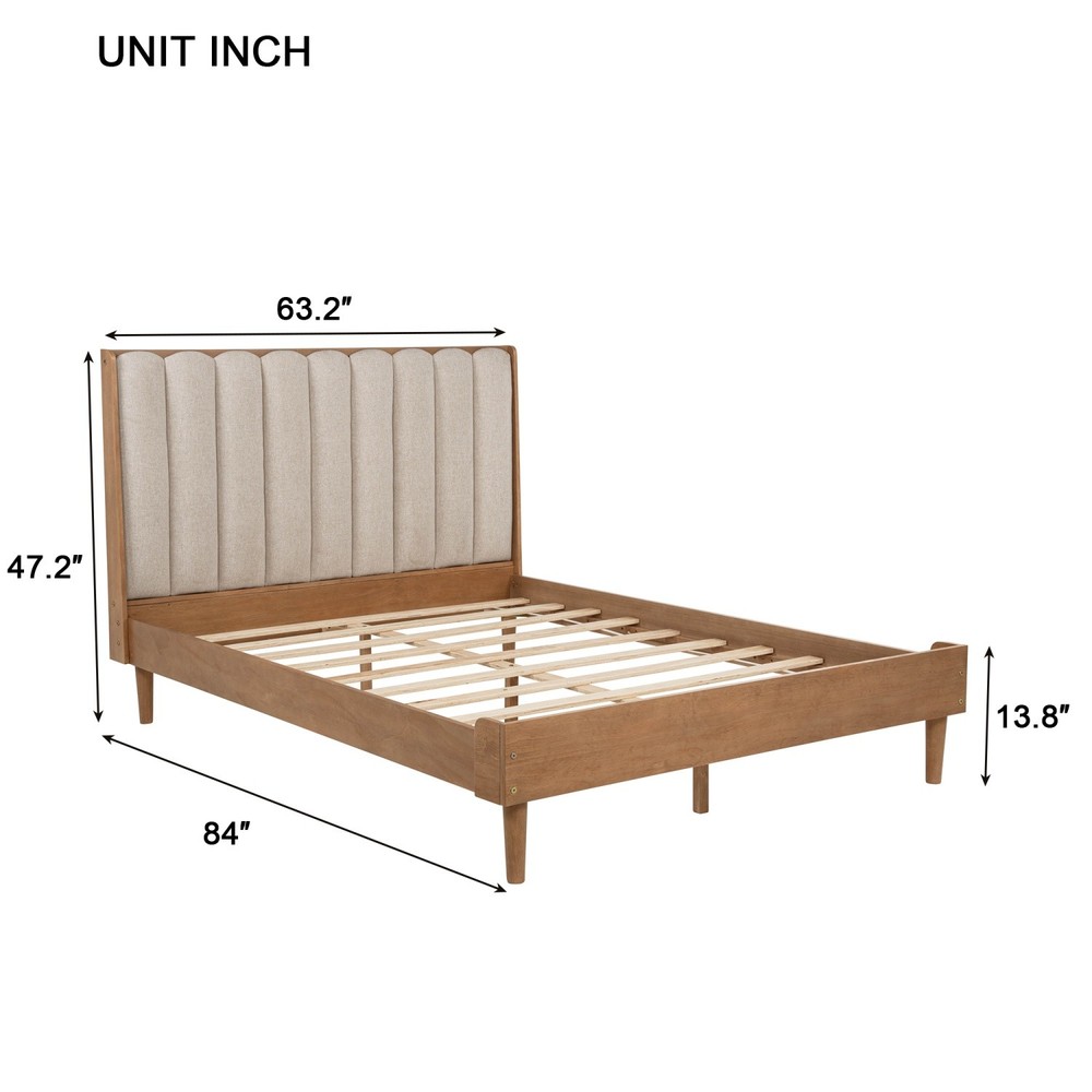 Queen/King Size Solid Wood Platform Bed Frame w/ Upholstered Headboard Wheat