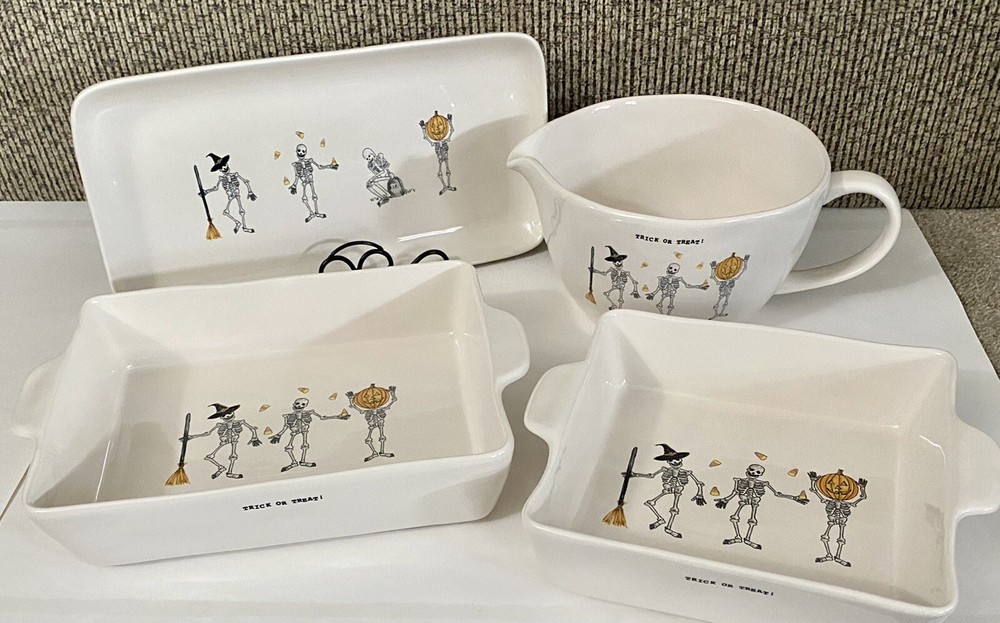 Rae Dunn Skeleton 4-piece Kitchen & Bakeware Set Mixing Bowl Platter Baking Pans