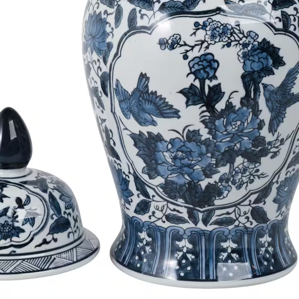 18.25 In. Blue Ceramic Chinoiserie Floral Decorative Jar