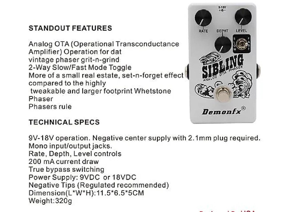 Demonfx SIBLING Analog OTA Phaser Guitar Effect Pedal .ca