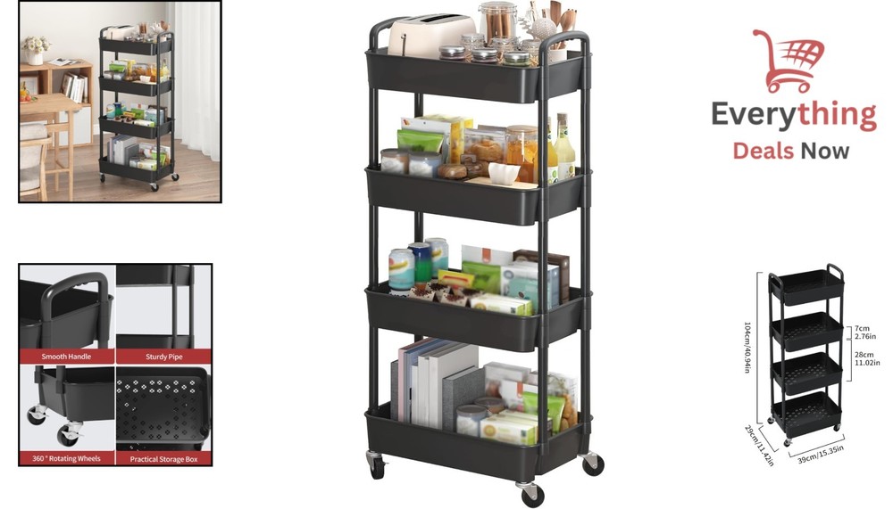 4-Tier Plastic Rolling Utility Cart Storage Organizer Lockable Wheels Black Rack