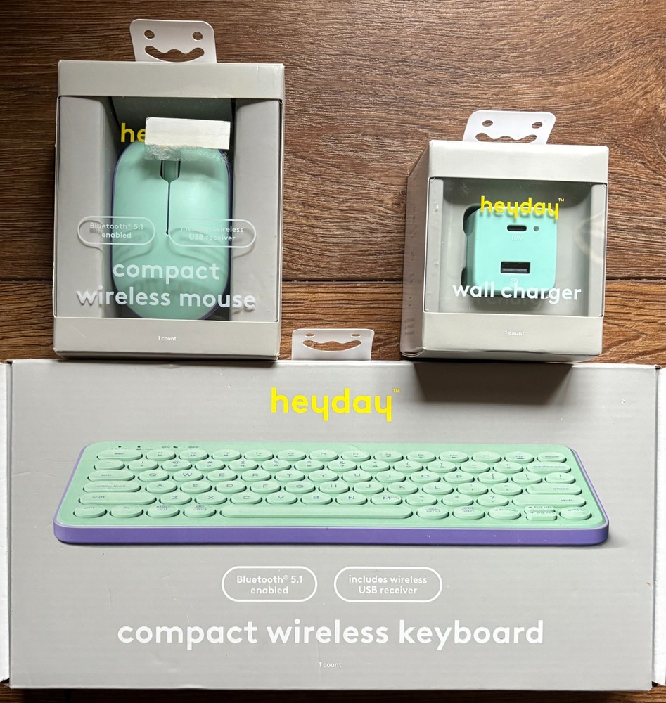 HEYDAY compact wireless mouse, wireless keyboard & wall charger